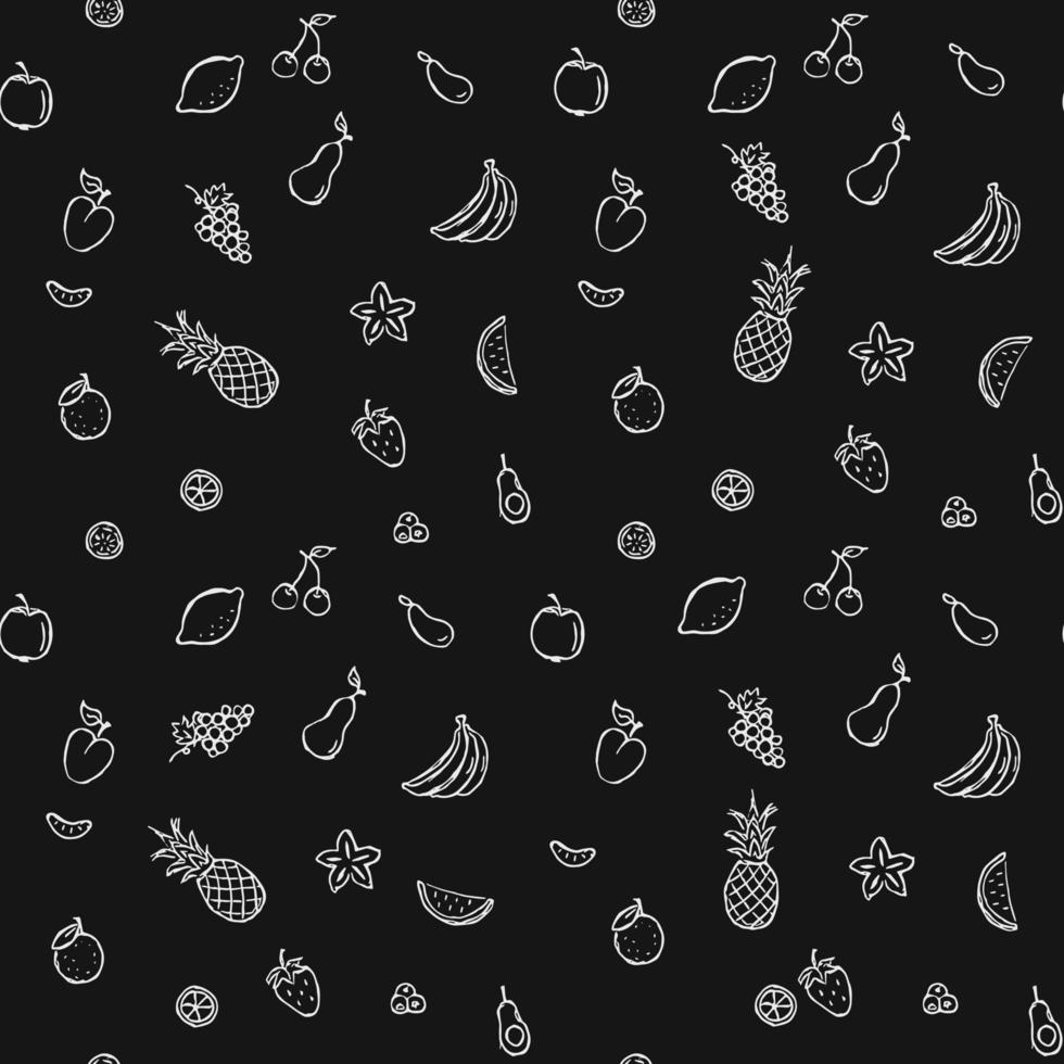 Seamless fruits and vegetables vector pattern. Doodle vector with fruits and vegetables icons on black background. Vintage vegan pattern