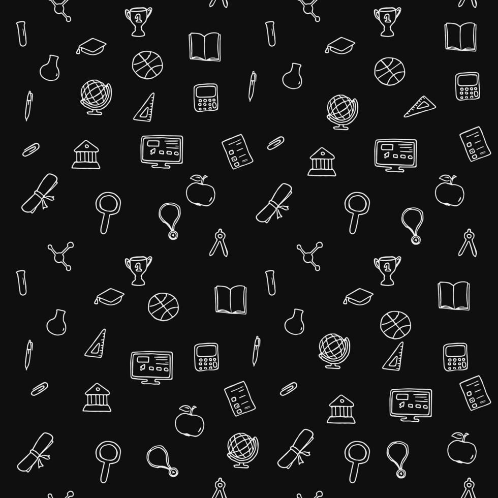 Seamless vector pattern with education icons. Doodle vector with education and school icons on black background. Vintage education pattern