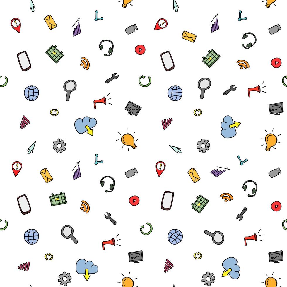 Colored seamless doodle pattern with business and technology set icons. Doodle vector with business icons on white background. Vintage technology icons,sweet elements background for your project