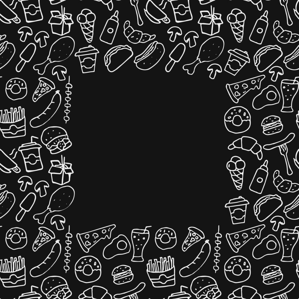 Seamless fast food pattern with place for text. Doodle vector with fast food icons on black background. Vintage sweets illustration, sweet elements background for your project, menu, cafe shop