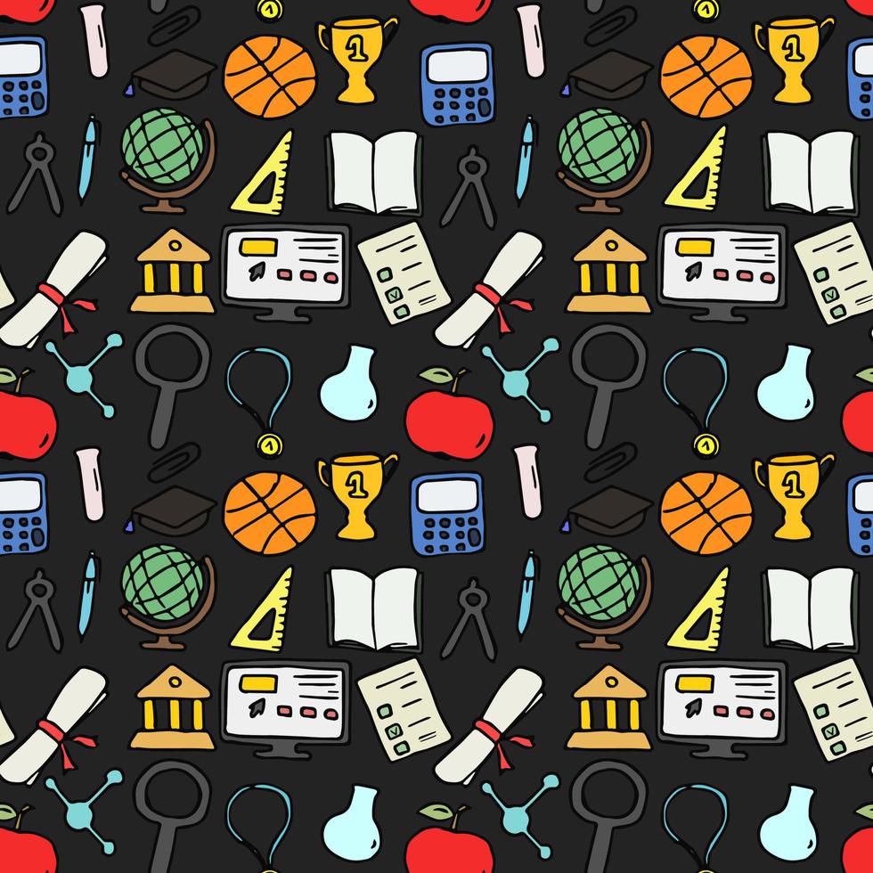 Colored seamless vector pattern with education icons. Doodle vector with education and school icons on black background. Vintage education pattern