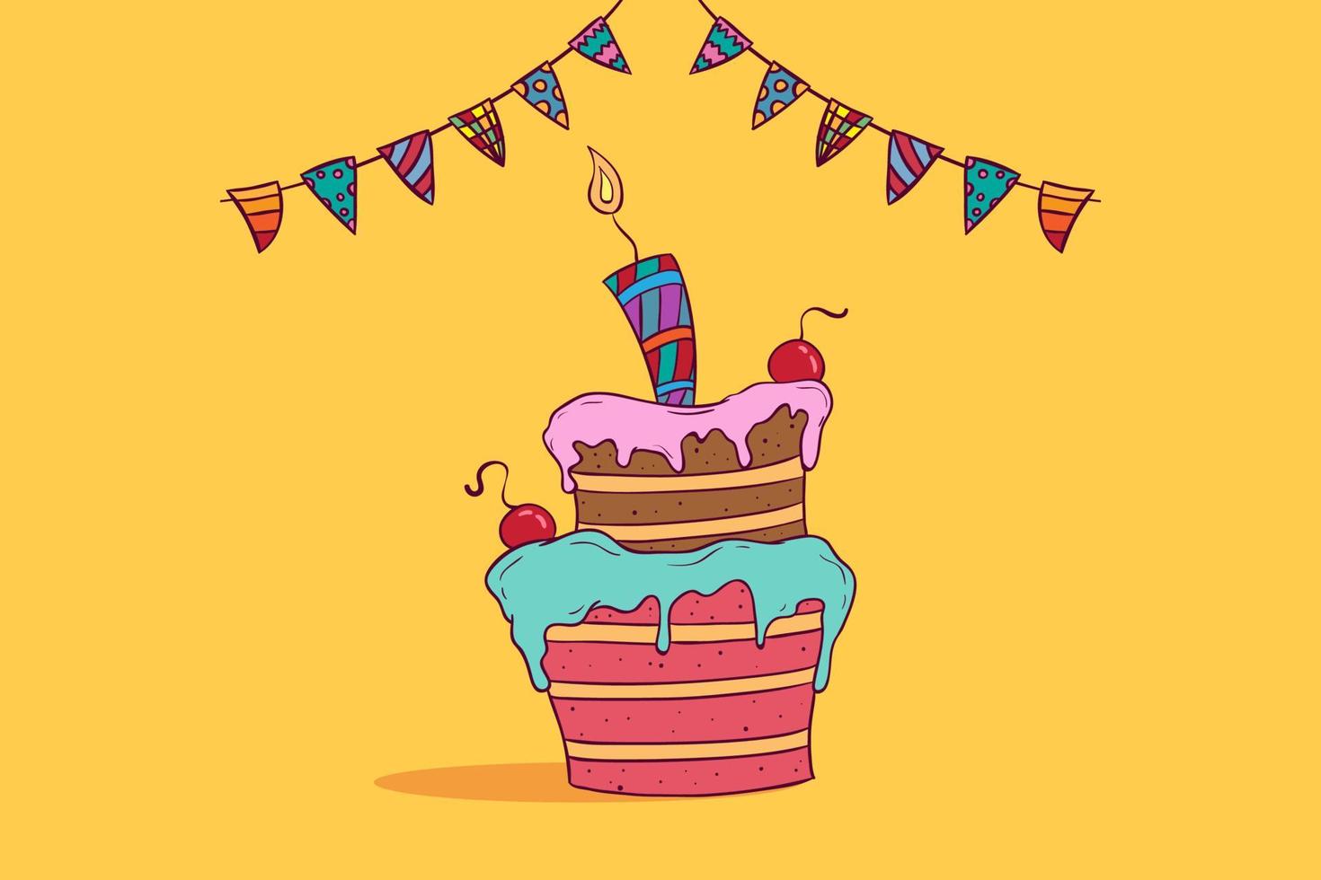 colorful birthday cake with decoration on yellow background vector