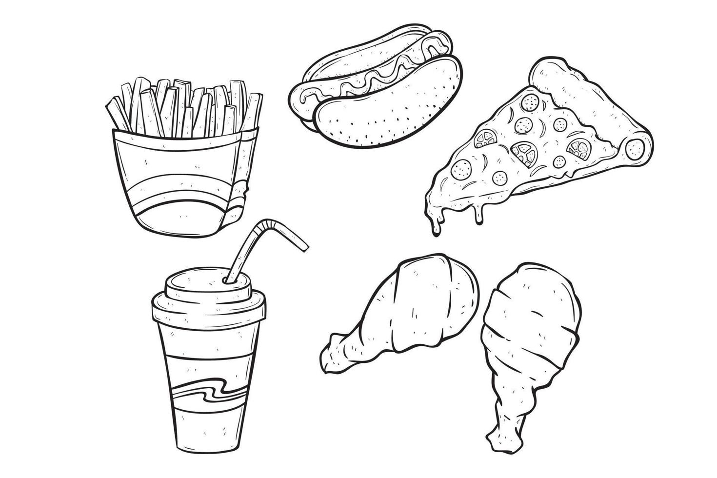 tasty junk food collection with sketchy or hand drawn style vector