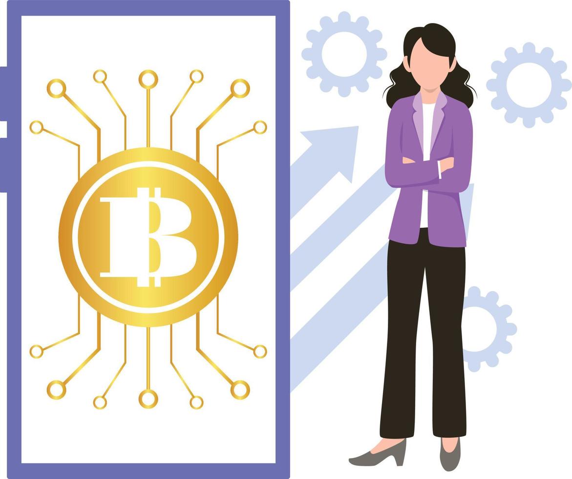 The girl is standing next to Bitcoin Computing on her mobile phone. vector