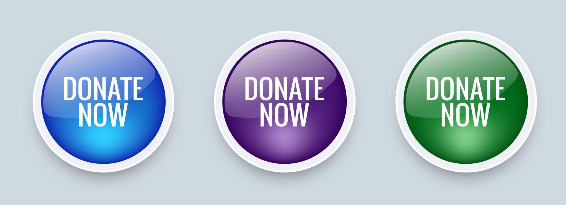 Donate now colorful button set in realistic style. vector