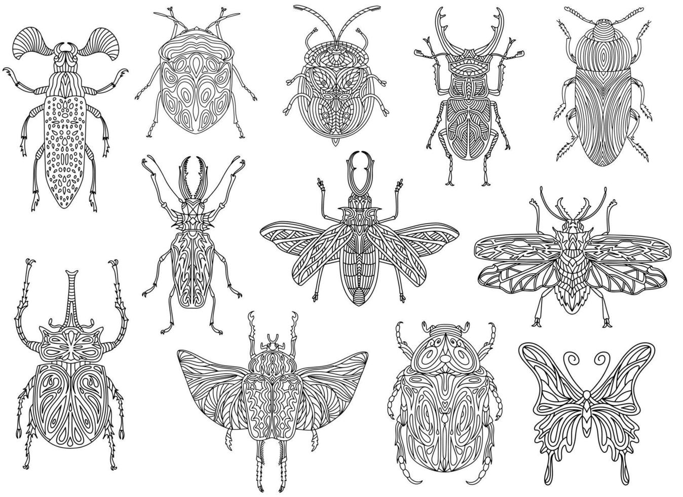 A collection of beetles and insects in a linear style. Linear vector illustration