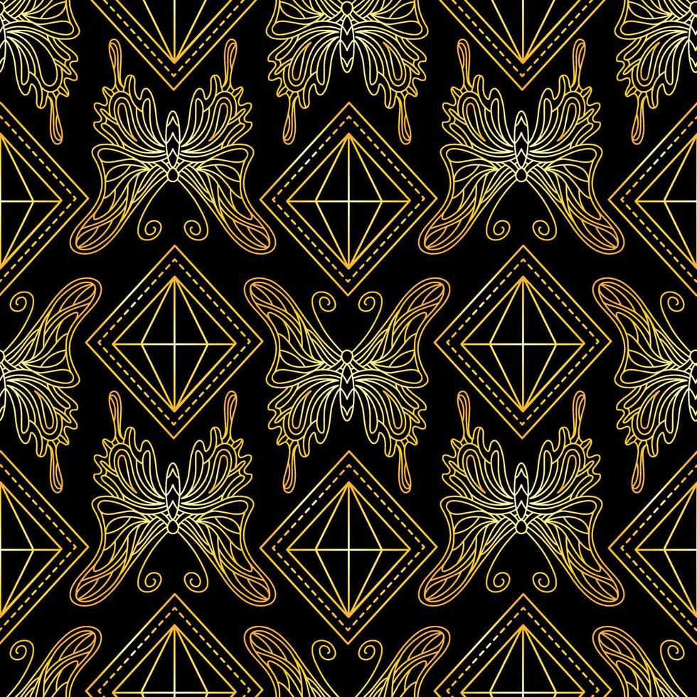 Seamless pattern with golden butterflies and diamonds on a black background. vector