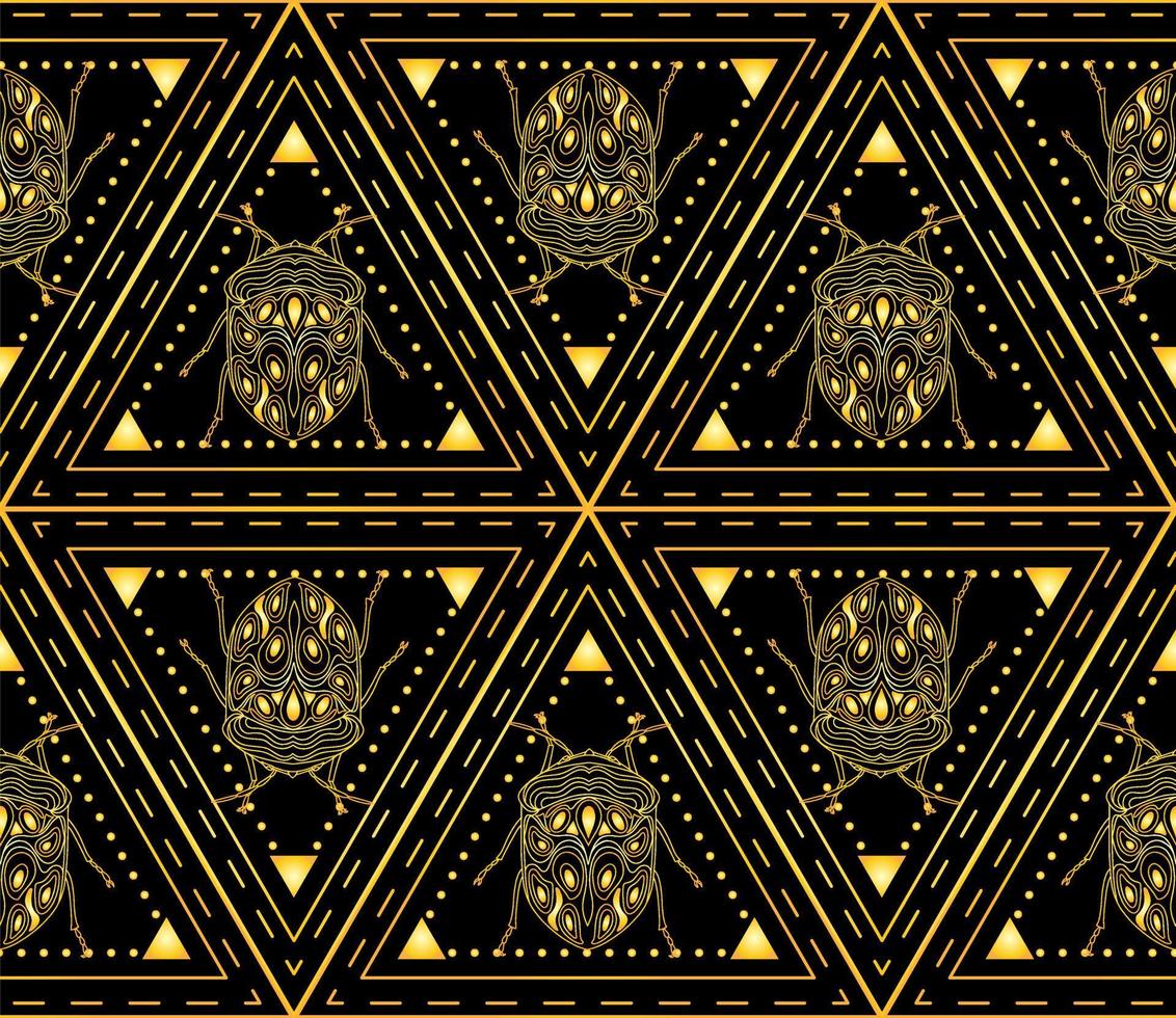 Seamless pattern with golden beetles in a triangular ornament vector