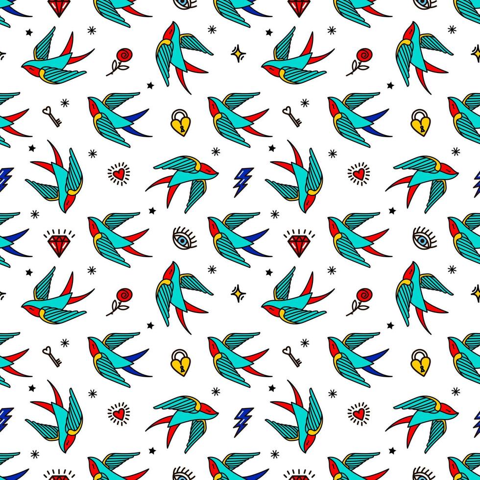 pattern with swallows in old-school tattoo style vector