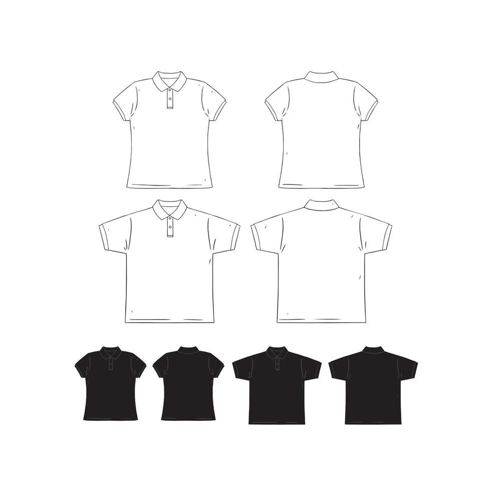 Hand drawn vector illustration of blank men and women short sleeve polo shirt design template. Front and back shirt sides. White and black.