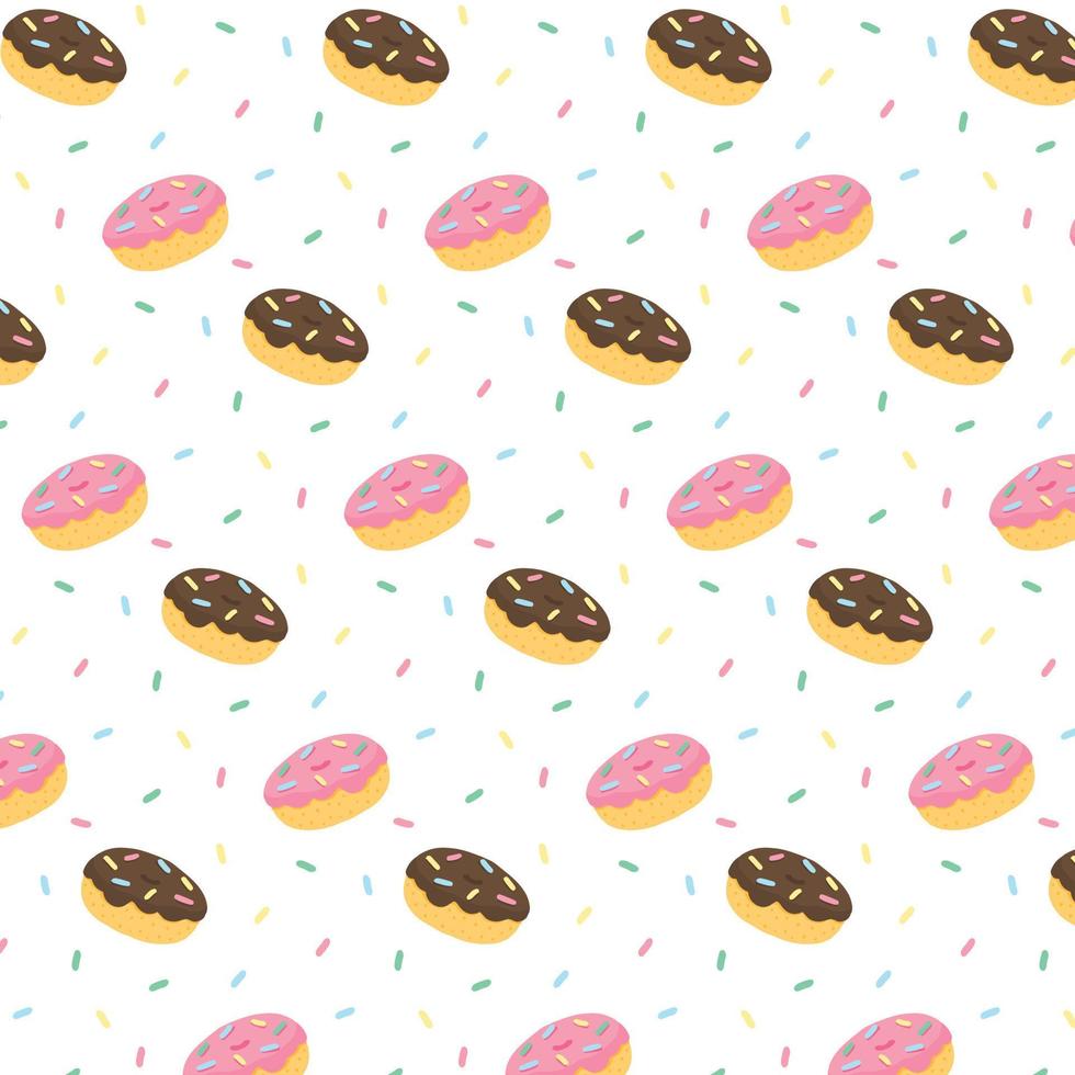 Hand drawn vector illustration of donut chocolate frosting and pink icing with colorful sweaty sprinkles pattern.