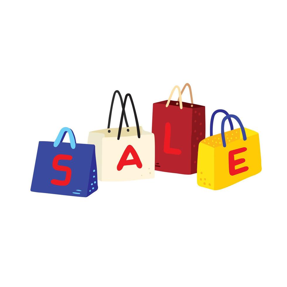 Hand drawn vector illustration of shopping bag with sale letters.