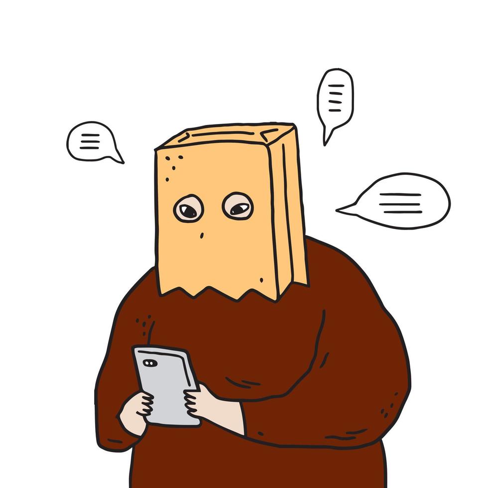 Hand drawn vector illustration of man with paper bag over head using smartphones.