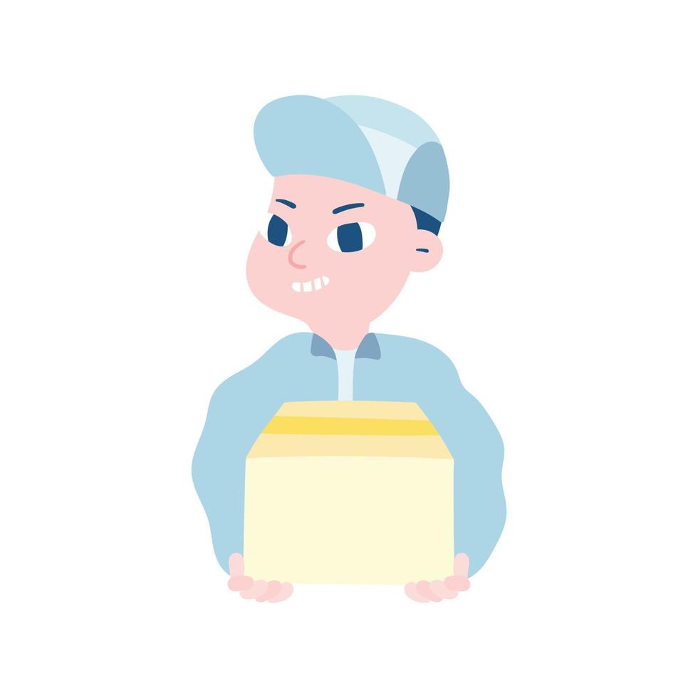 Hand drawn vector illustration of delivery man portrait hold box. Boy service workers in blue uniform.