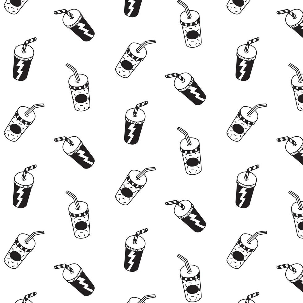 Hand drawn vector illustration of soft drink cup pattern. black and white.cartoon style.