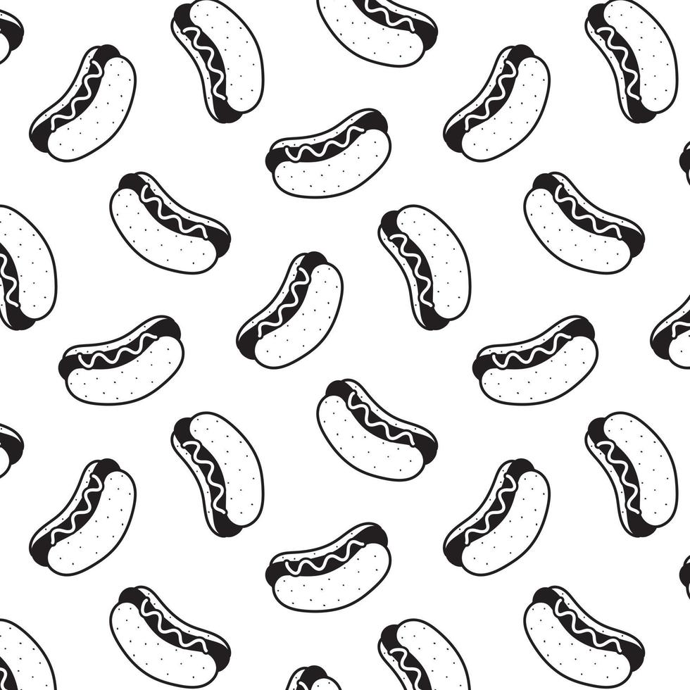 Hand drawn vector illustration of hotdog pattern. black and white. cartoon style.