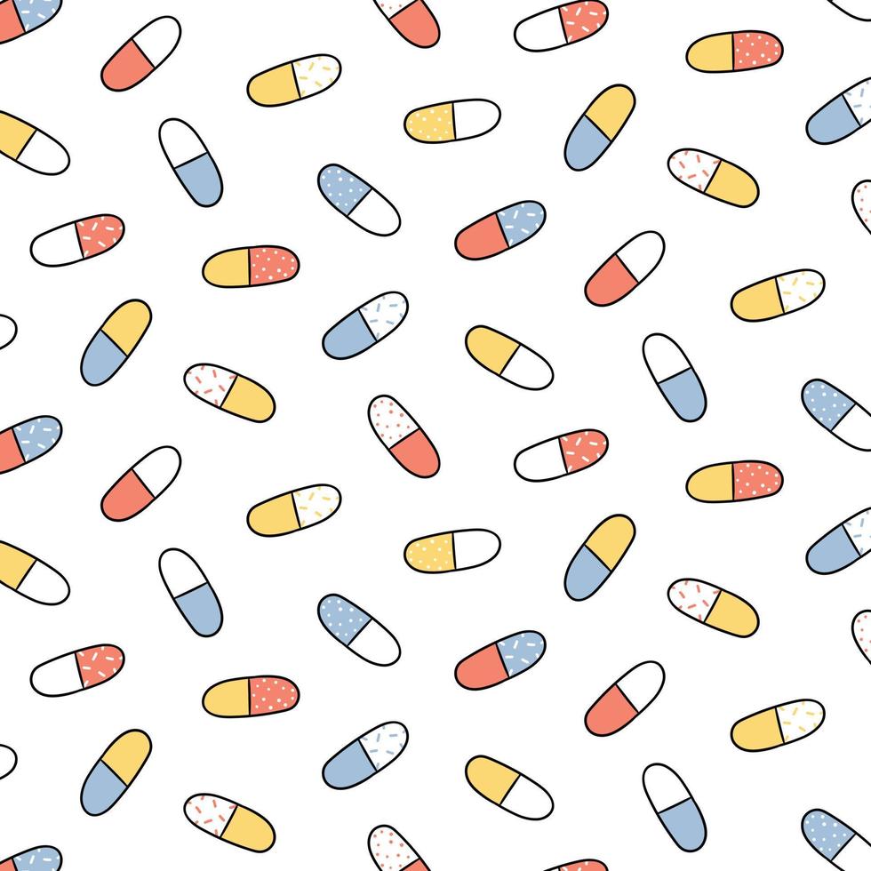 Hand drawn vector illustration of pill capsule medicine pattern in cartoon style.