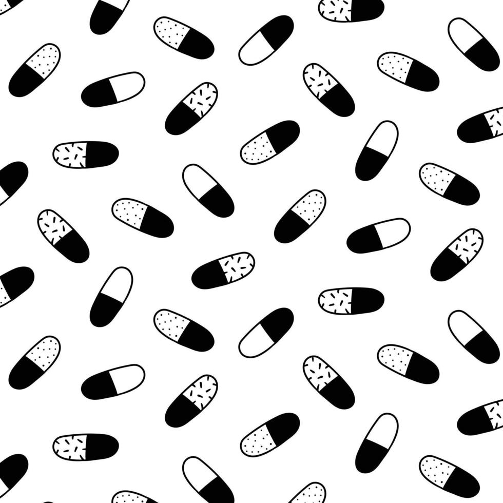 Hand drawn vector illustration of pill capsule medicine pattern in black and white.