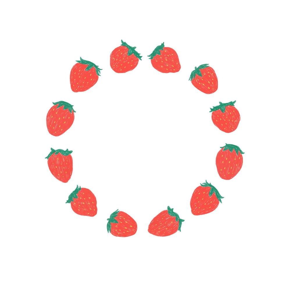 Hand draw vector illustration of strawberry with blank space for text on white background. Fruit round border frame for lettering. A circle frame.
