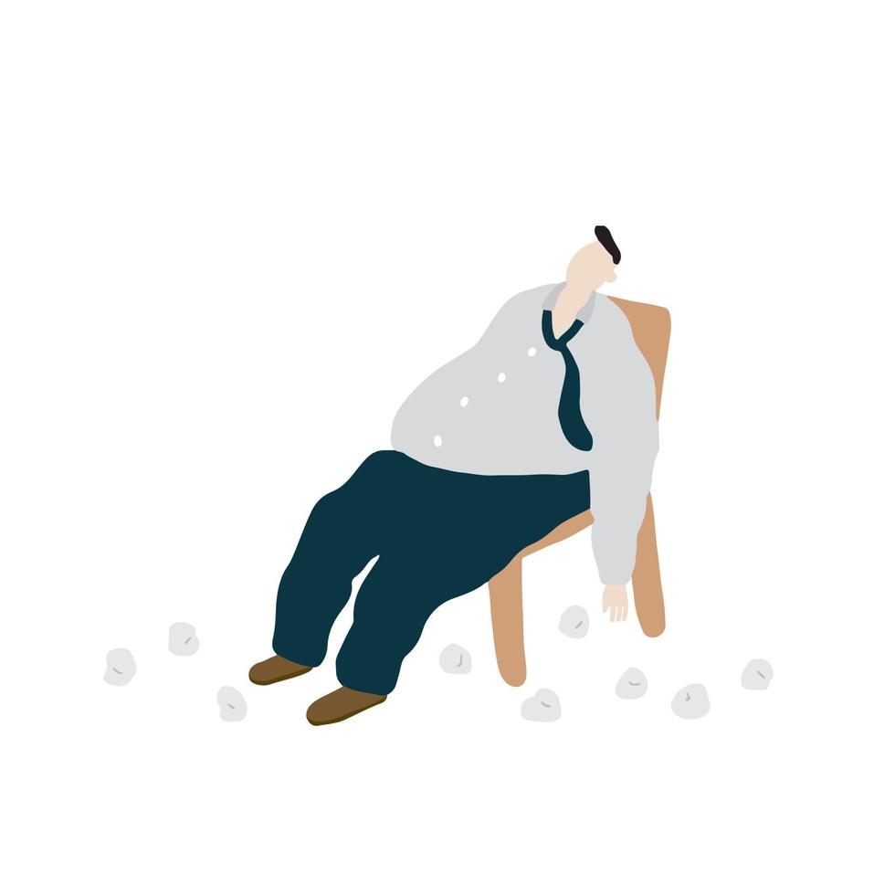 ilustración vectorial dibujada a mano de un hombre de negocios durmiendo en una silla y bolas de papel arrugadas sobre fondo blanco. vector