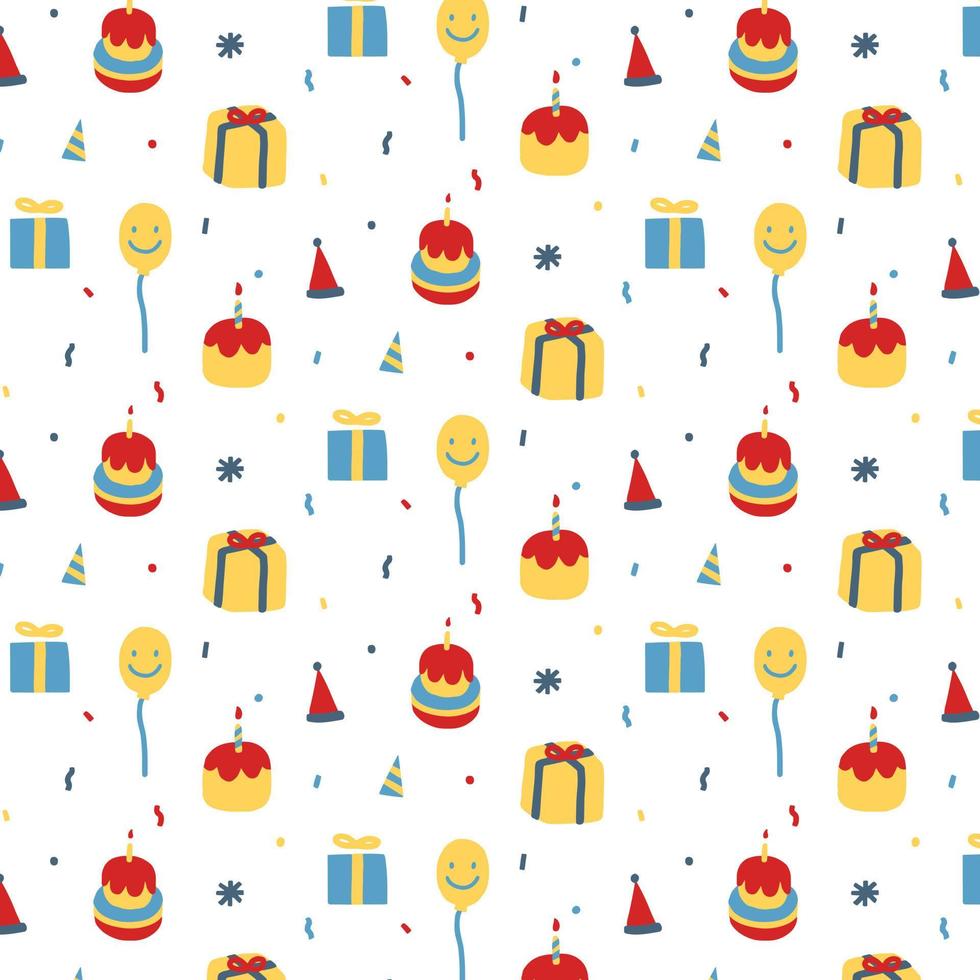 Vector pattern with birthday cake,gift, balloon, hat on white background. Hand drawn illustration.Pattern for textile, fabric, wrapping paper.