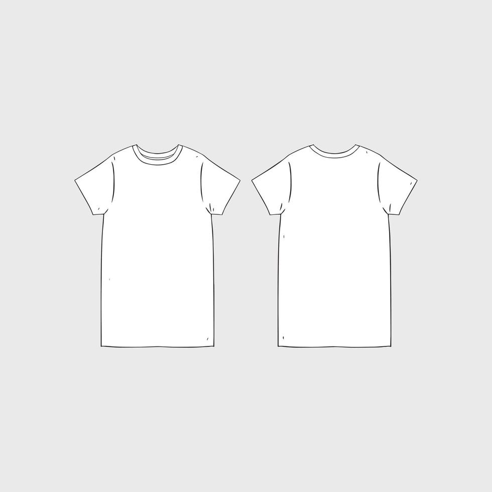 ilustración vectorial dibujada a mano de la plantilla de diseño de vestido de camiseta de manga corta para mujer en blanco. Lados delanteros y traseros de la camisa. vector