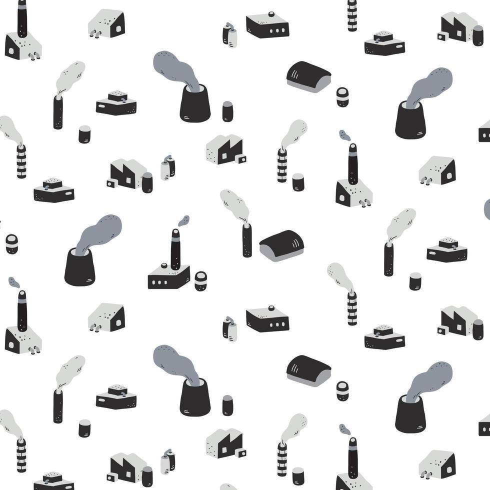 ilustración vectorial dibujada a mano de edificios de fábricas industriales con patrón de humo. papel tapiz de garabato abstracto. vector