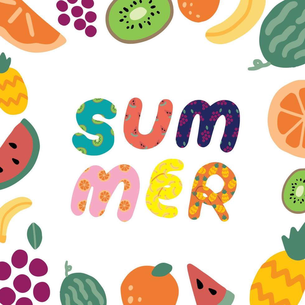 Hand drawn vector illustration of summer text and fruit frame on white background. Abstract doodle wallpaper.