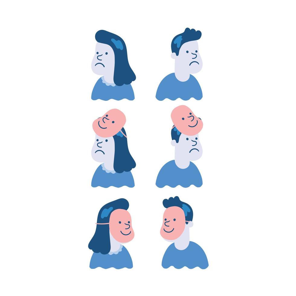 Hand drawn vector illustration of sad people under happy mask