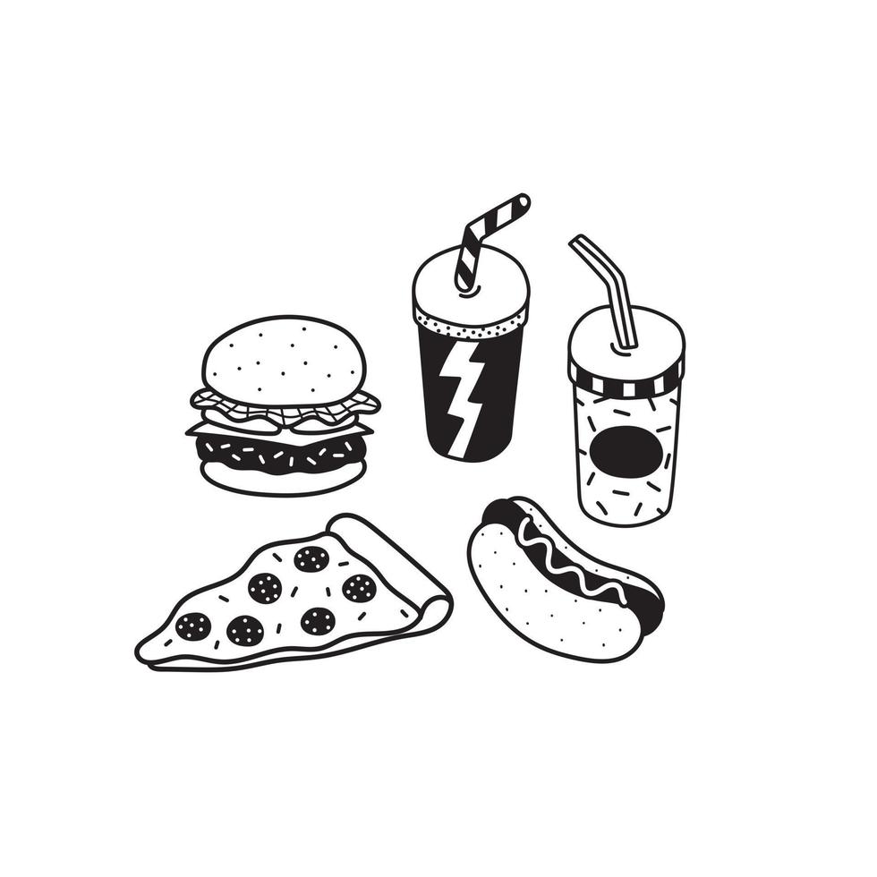 ilustración vectorial dibujada a mano de hamburguesa, pizza, perrito caliente, refresco en estilo de dibujos animados vector