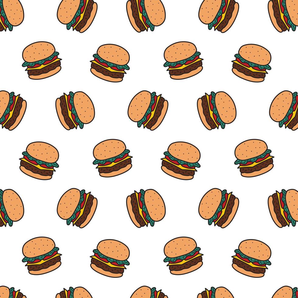 Hand drawn vector illustration of hamburger pattern in cartoon style.