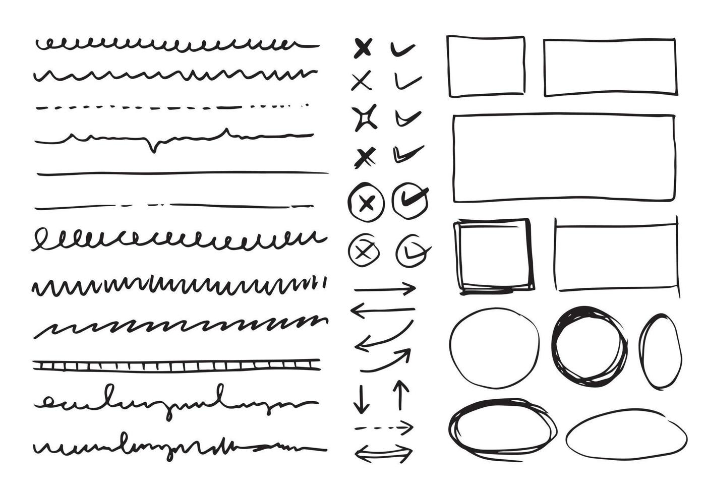 garabatear líneas vectoriales y curvas. Señales de flechas y cheques dibujados a mano. conjunto de líneas de garabatos simples, curvas, marcos y puntos. colección de efectos de lápiz. borde del garabato. conjunto de garabatos simples. vector