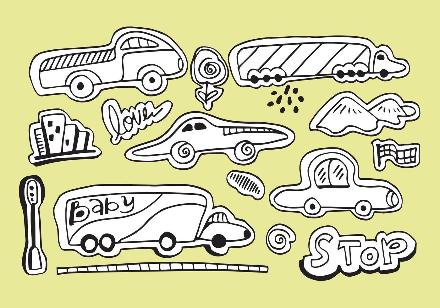 Set of different doodle car sketches. Hand drawn black line vector illustration.