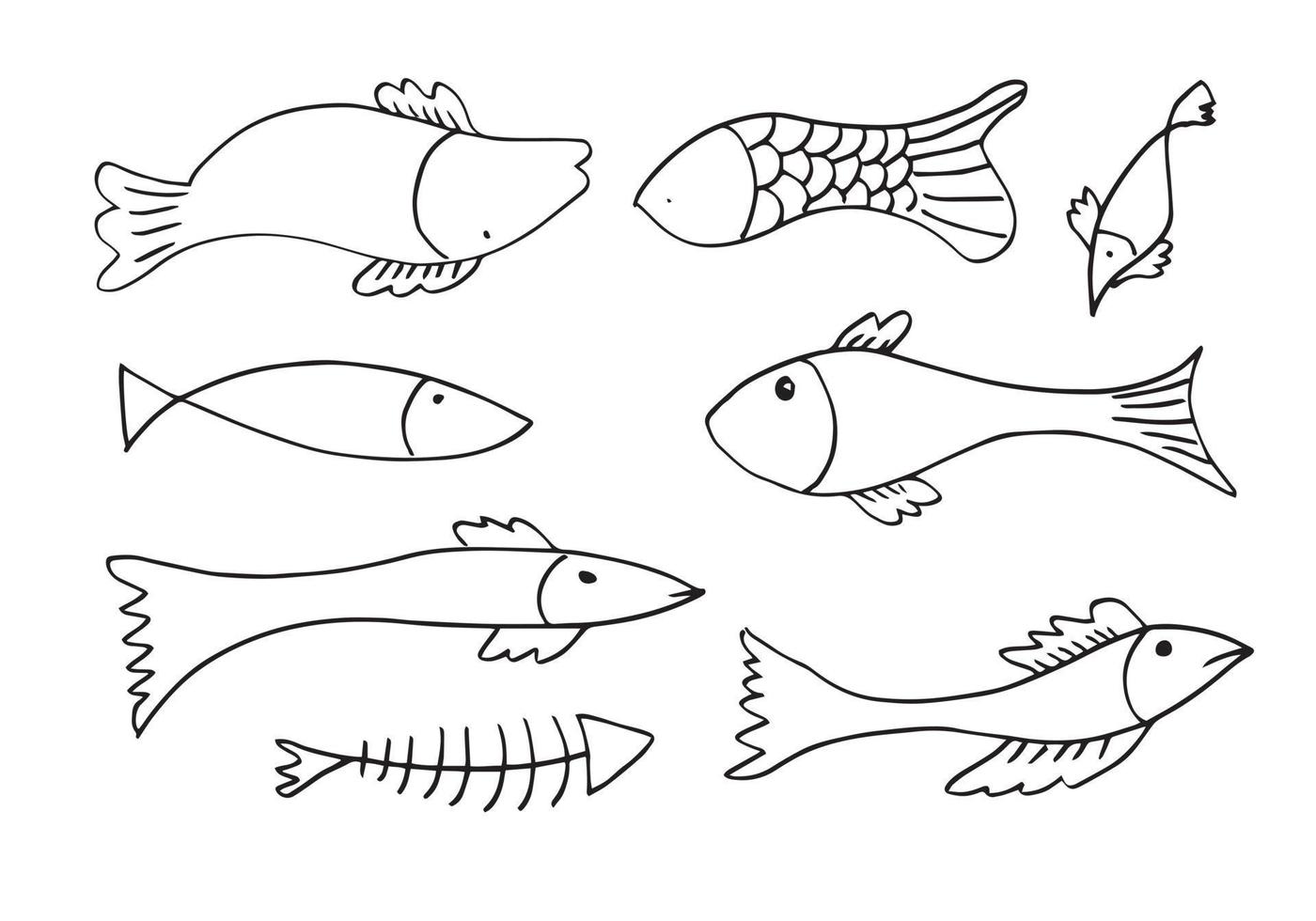 Doodle fish on a white backround.animals doodle under the sea for coloring pages. vector