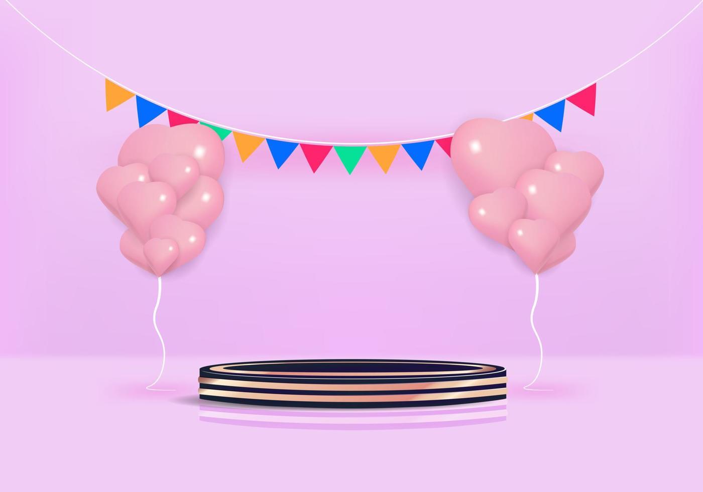 Happy birthday cute style with podium for product presentation and hearts 3d objects on pink background. 3d model illustration. vector