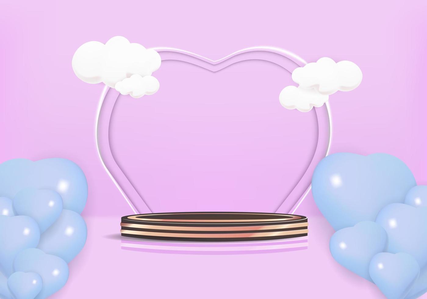 Happy birthday cute style with podium for product presentation and hearts 3d objects on blue background. 3d model illustration. vector