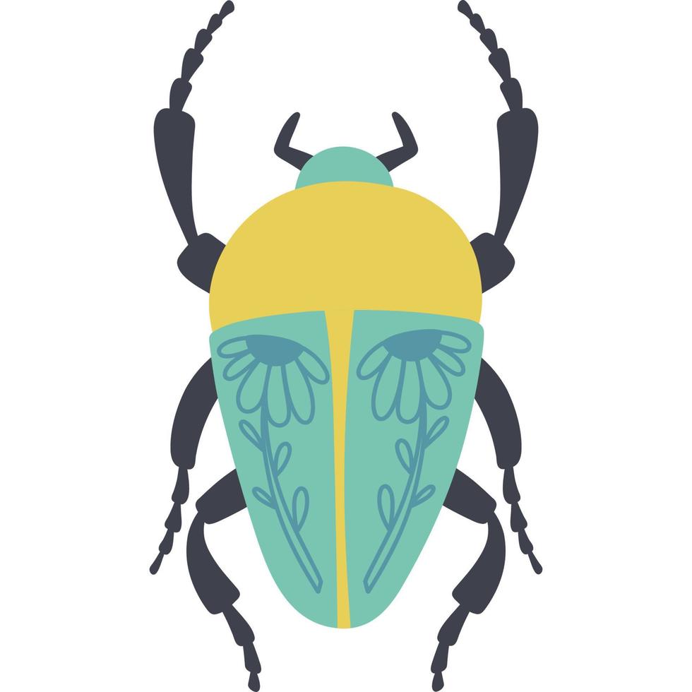 Bug with flowers. Decorative beetle botanical design. Insects for posters and cards. Bright vivid colors. Hand drawn insects symbol icon vector