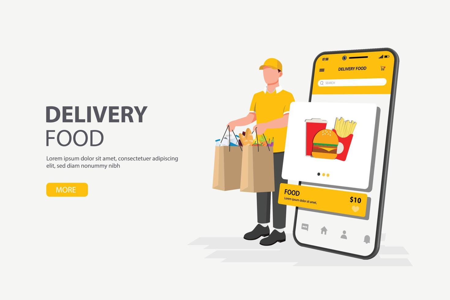 Delivery food service courier and scooter shipping with a mobile smart phone vector