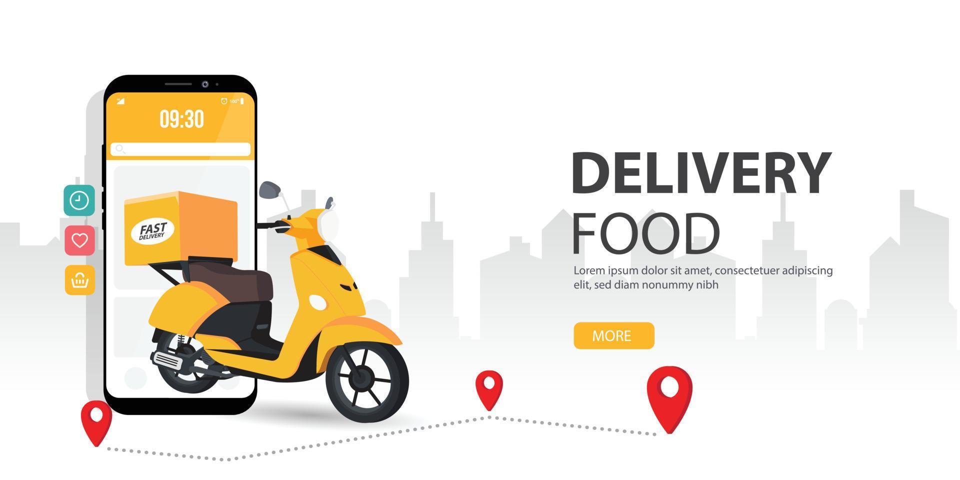 Online food ordering. Vector concept illustration of mobile smartphone screen with delivery courier with food. Represents a concept of online food ordering.