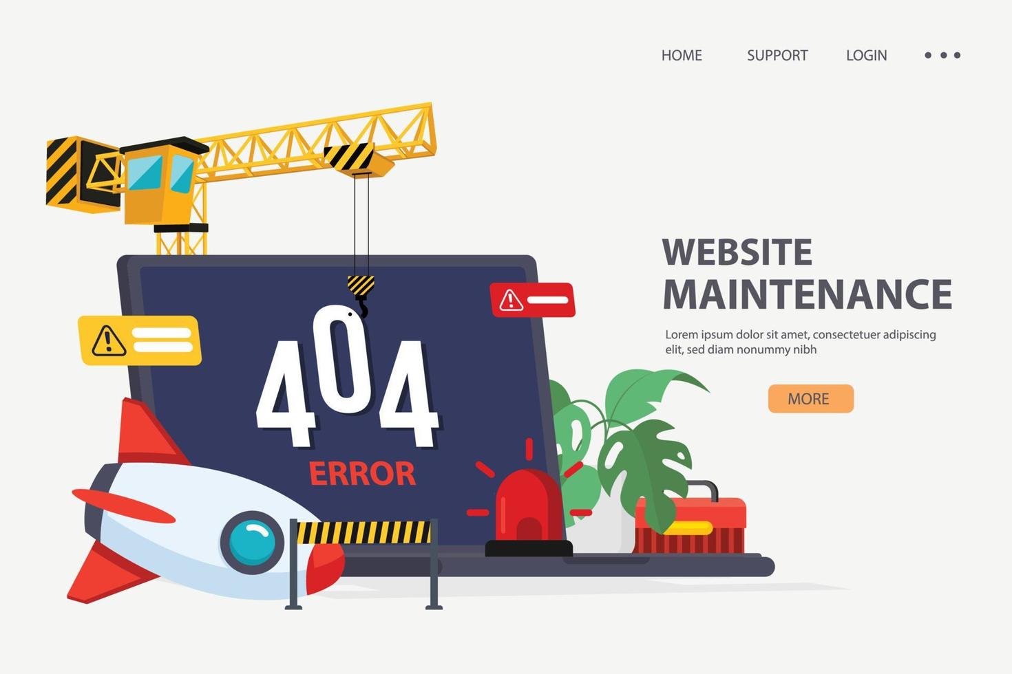 Maintenance page or 404 error with house building site, builders, Website under construction concept.  civil engineer, crane and laptop. Web banner and background in flat design. vector
