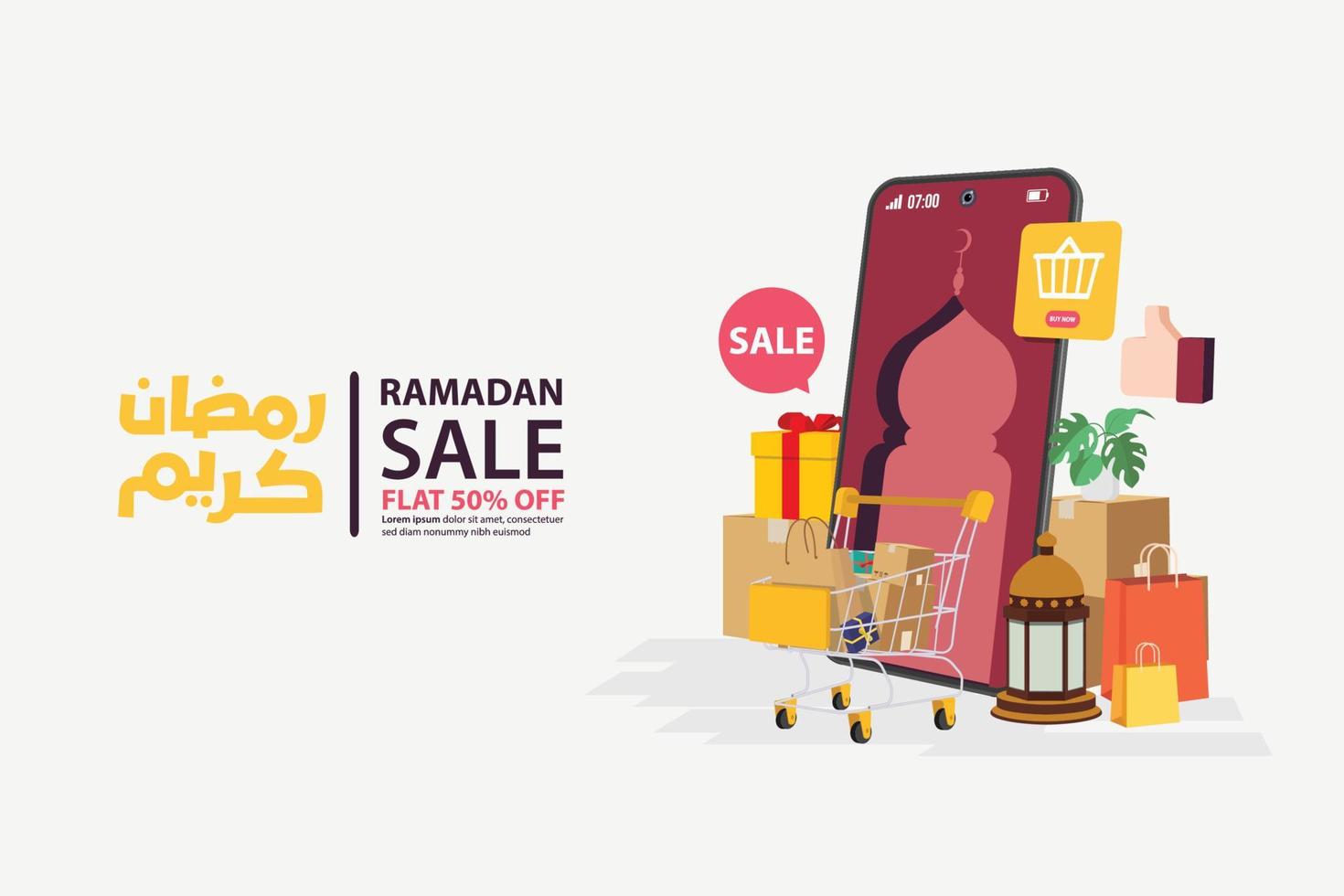 Ramadan sale banners on mobile online, discount and best offer tag, label or sticker set on occasion of Ramadan Kareem and Eid Mubarak, vector illustration