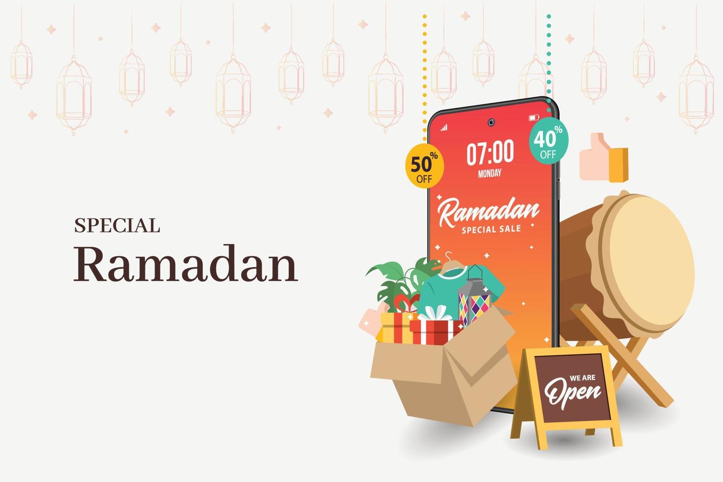 banners especiales de venta de ramadán en teléfonos móviles, descuento y mejor etiqueta de oferta, etiqueta o conjunto de pegatinas con motivo del ramadán kareem y eid mubarak, ilustración vectorial vector