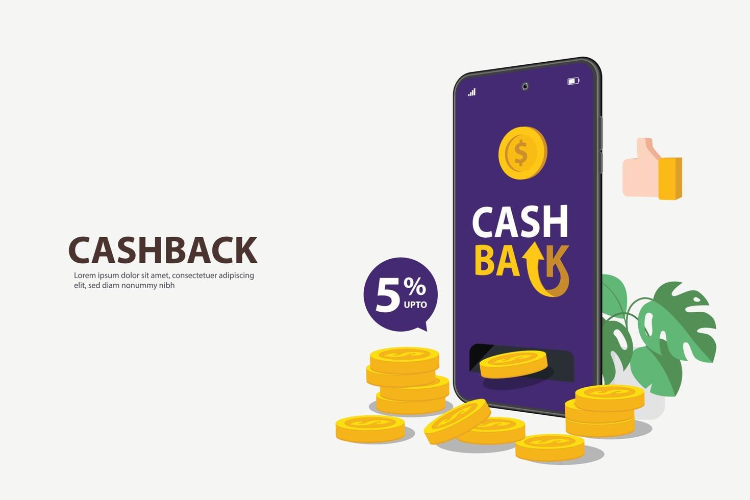 Cash back shopping illustration, money cash back reward for purchase from smart phone application. Mobile phone consumer loyalty incentive commerce in isometric vector