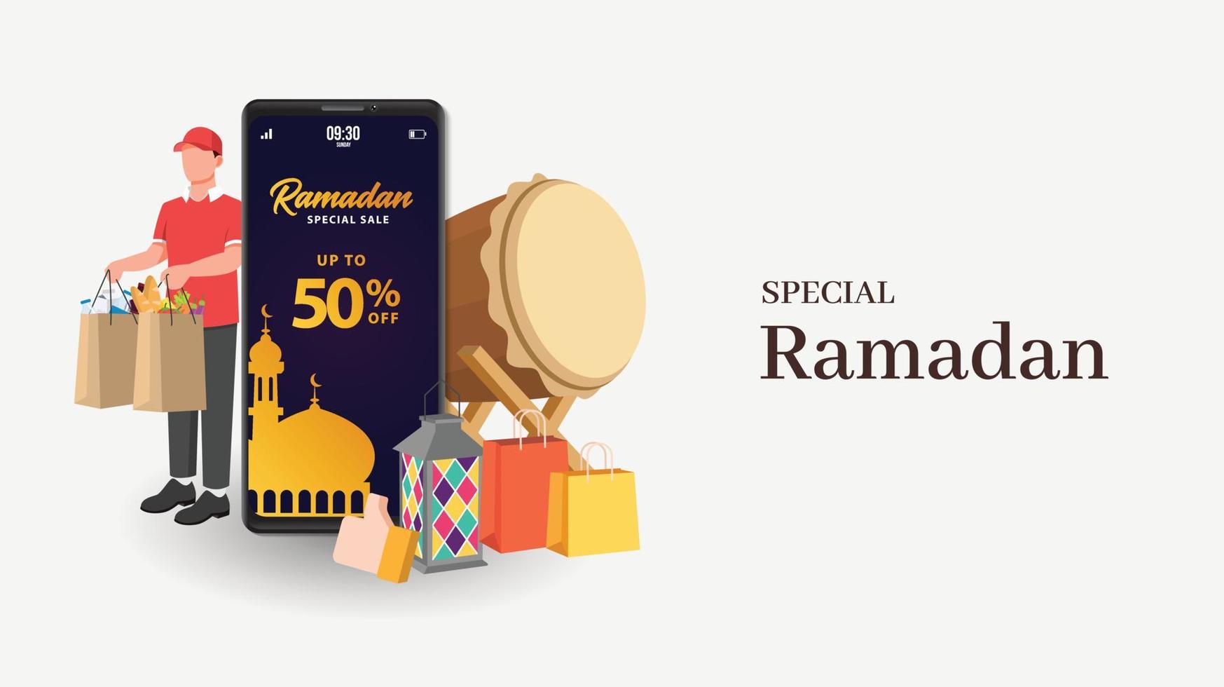 oferta especial ramadán venta islámica. ramadan kareem gran venta con mezquita islam arab. vector de diseño de venta de ramadan kareem. adecuado para tarjetas de felicitación, afiches y pancartas.