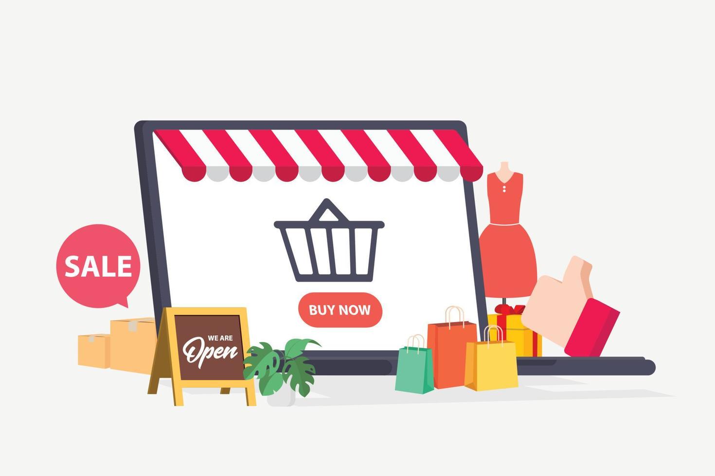 tienda en línea a través de una computadora portátil en el podio con cajas de regalo flotantes a un lado, banner web 3d de compras en línea vector