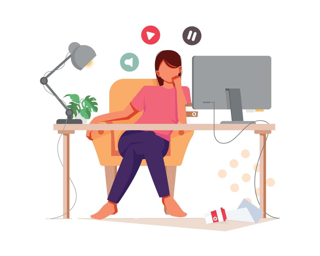 Single woman watching online computer in the night sitting on a couch in the living room at home vector