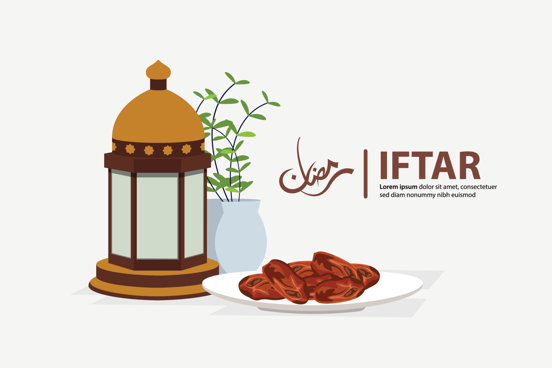 Iftar Ramadan celebration flyer concept illustration. Sweet Dates, Lantern and Plate of dates