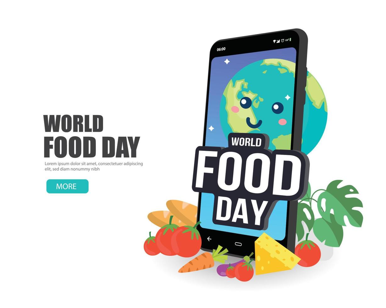 World Food Day illustration with cartoon earth cute and smartphone vector is suitable for social media, banner , poster , Flyer and related with food