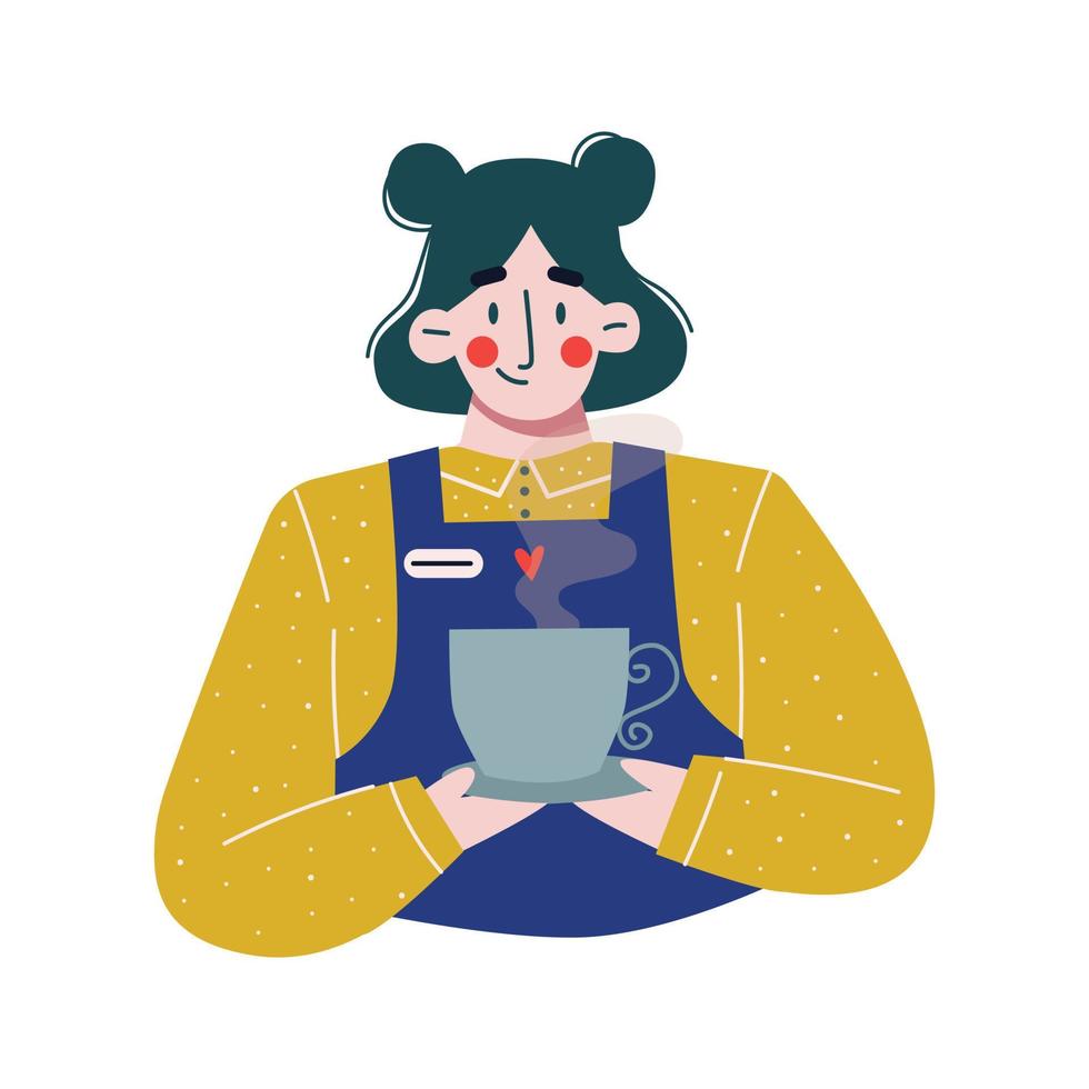 Young woman barista with a cup of coffee or tea. Flat vector illustration.