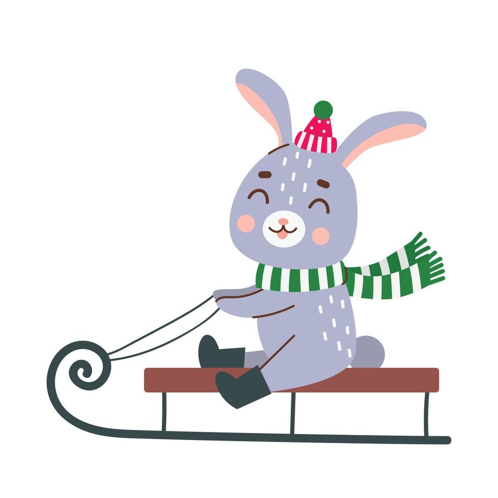 Cute rabbit on a sled. Vector illustration.